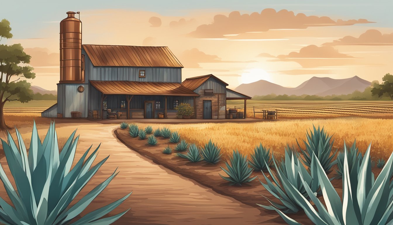 A rustic distillery in the Texas countryside, with agave plants growing in the fields and a copper still bubbling away