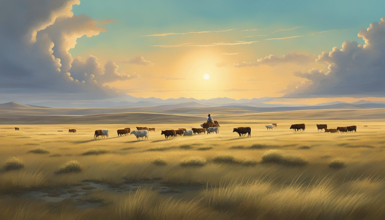 A lone cowboy riding through a vast, open prairie with cattle grazing in the distance, under a big Texas sky