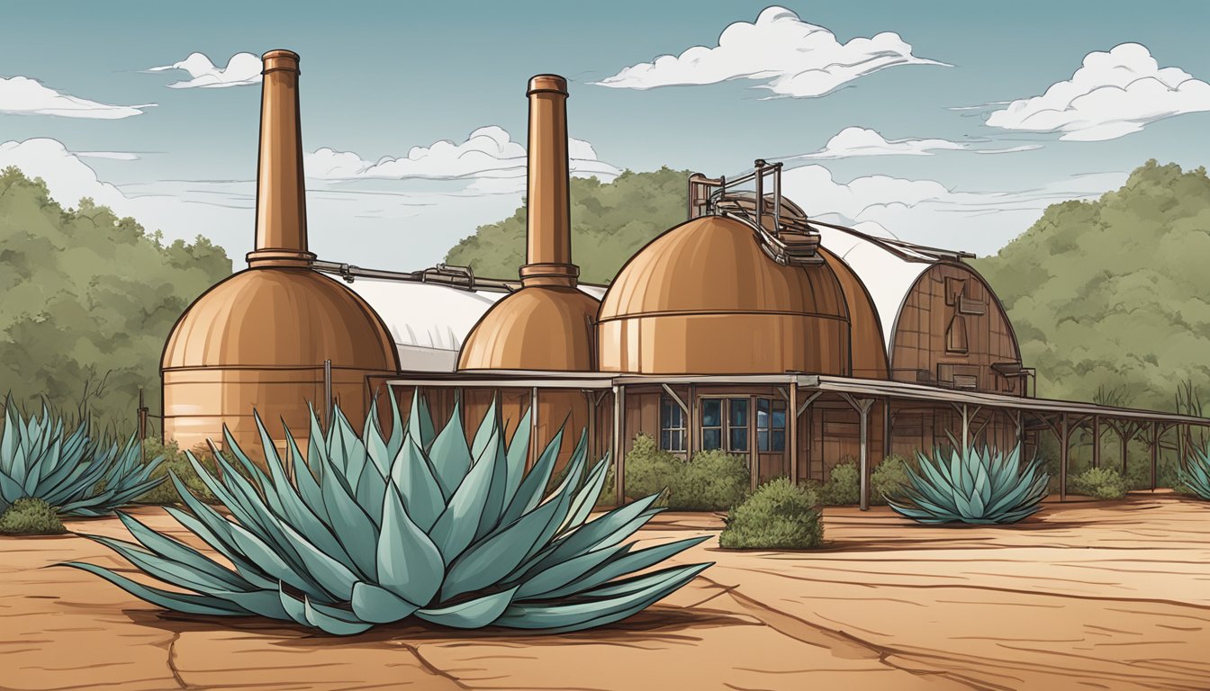 A rustic distillery in the Texas countryside, with agave plants growing in the foreground and a row of copper stills in the background