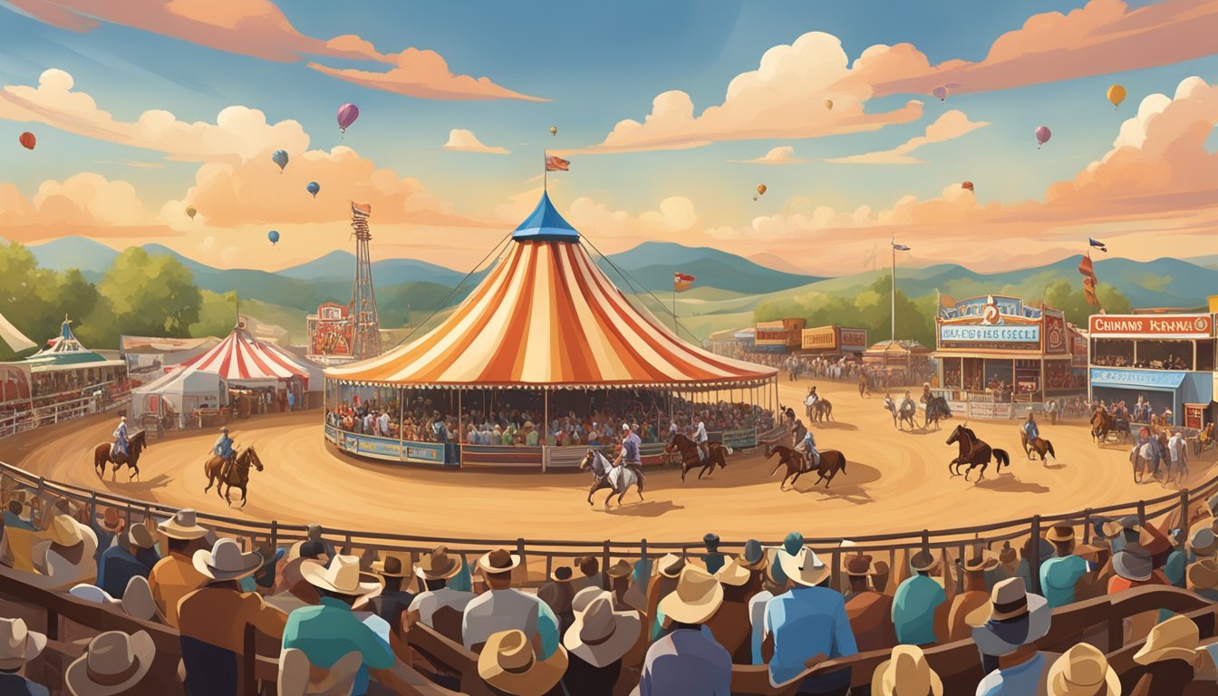 A bustling fairground filled with cowboy hats, boots, and western-themed decorations. A lively rodeo arena with cheering spectators and a backdrop of rolling Texas hills