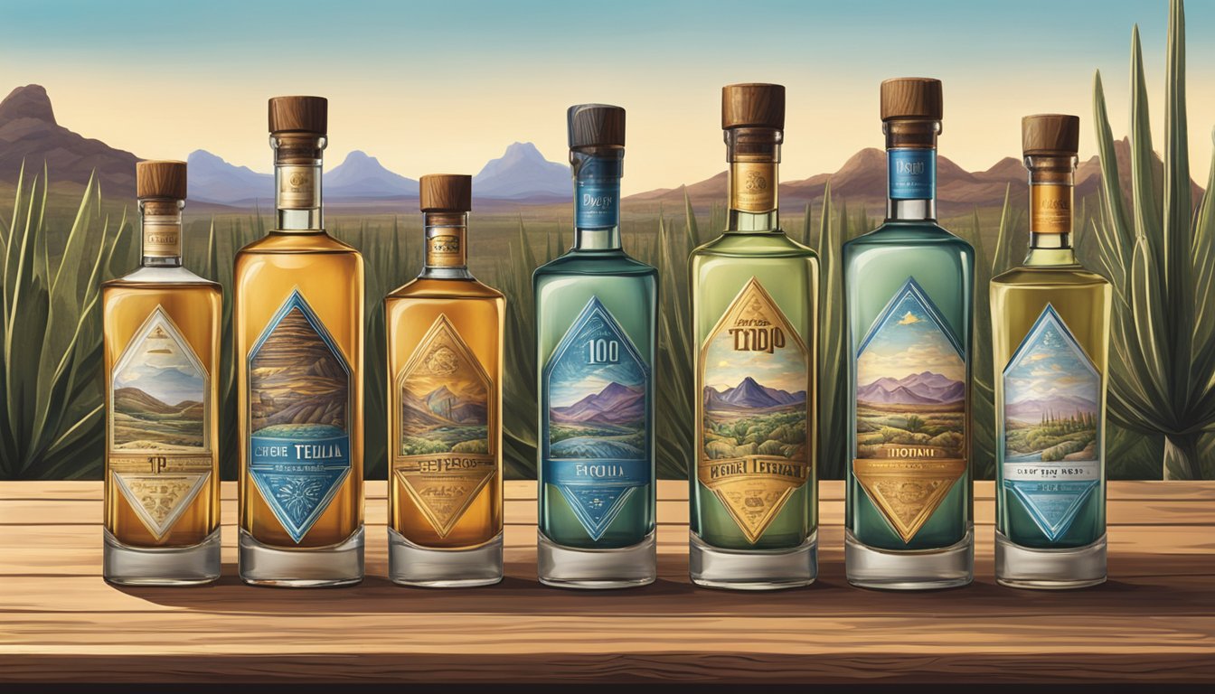 Bottles of top 10 Texas tequila brands arranged on a rustic wooden shelf, surrounded by agave plants and desert landscape