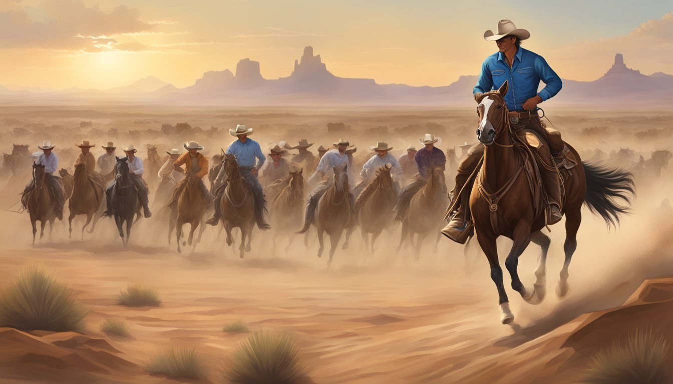 A lone cowboy rides through a dusty desert landscape, with a backdrop of a Texas western festival featuring rodeo events and traditional music