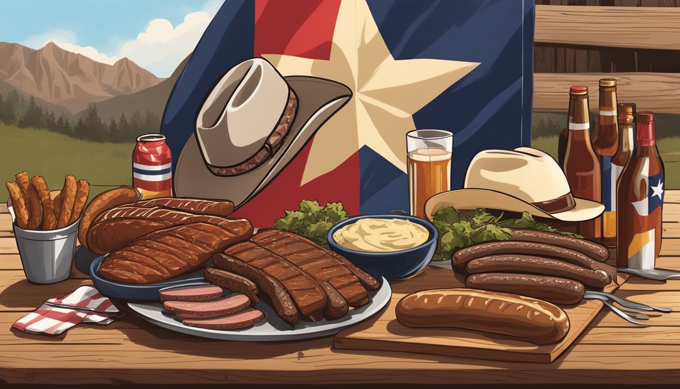 A rustic Texas BBQ spread with brisket, ribs, and sausage on a wooden picnic table, surrounded by cowboy hats and a lone star flag