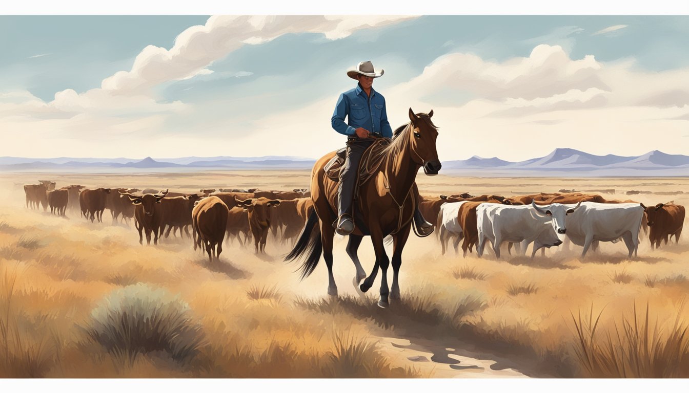 A lone cowboy rides through the vast Texas plains, with a herd of cattle in the distance and the iconic longhorn cattle grazing on the prairie