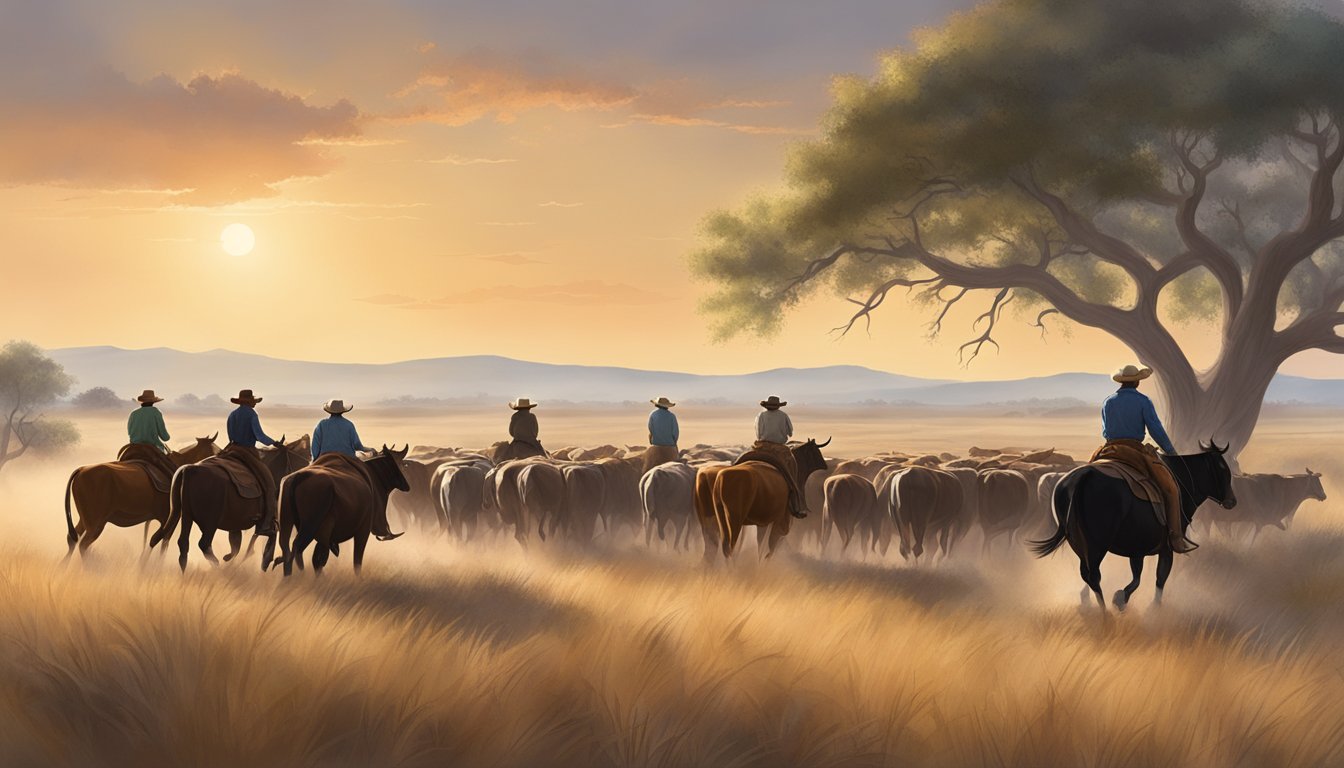 A herd of cattle being driven across the vast open plains of Texas, with cowboys on horseback guiding them along the historic cattle trails