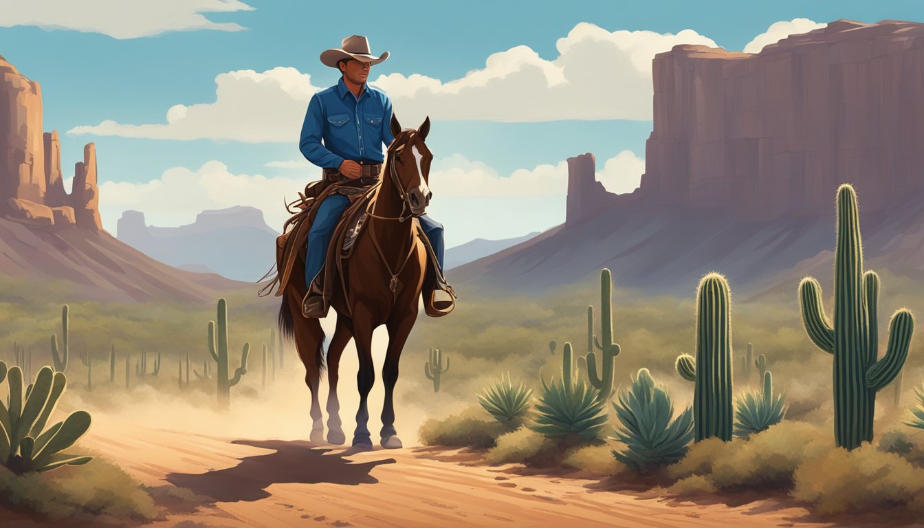 A lone cowboy rides along the Texas trail, with a cactus and a lone star in the background, symbolizing the iconic symbols of Texas cowboy culture