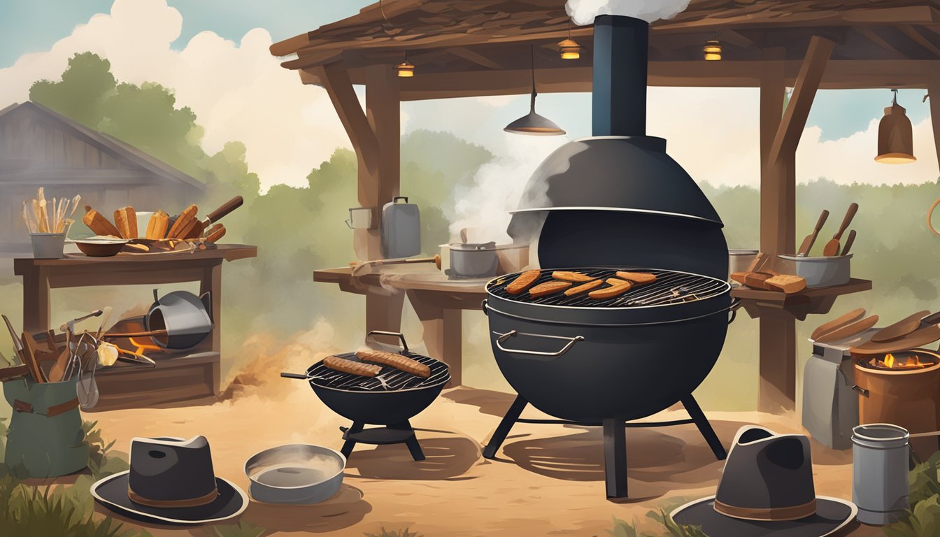 A rustic barbecue pit surrounded by cowboy hats, boots, and various grilling tools, with smoke billowing from the fire