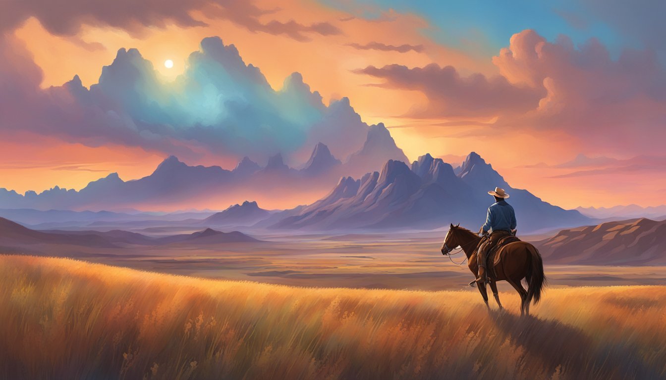 A lone cowboy rides across a vast, open prairie, with rugged mountains in the distance and a colorful sunset painting the sky