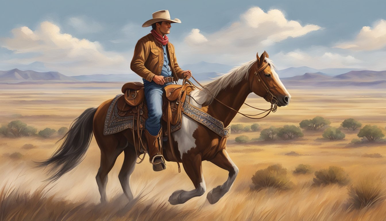 A lone cowboy rides through the Texas plains, adorned in traditional cowboy attire and carrying a beautifully crafted Texas saddle