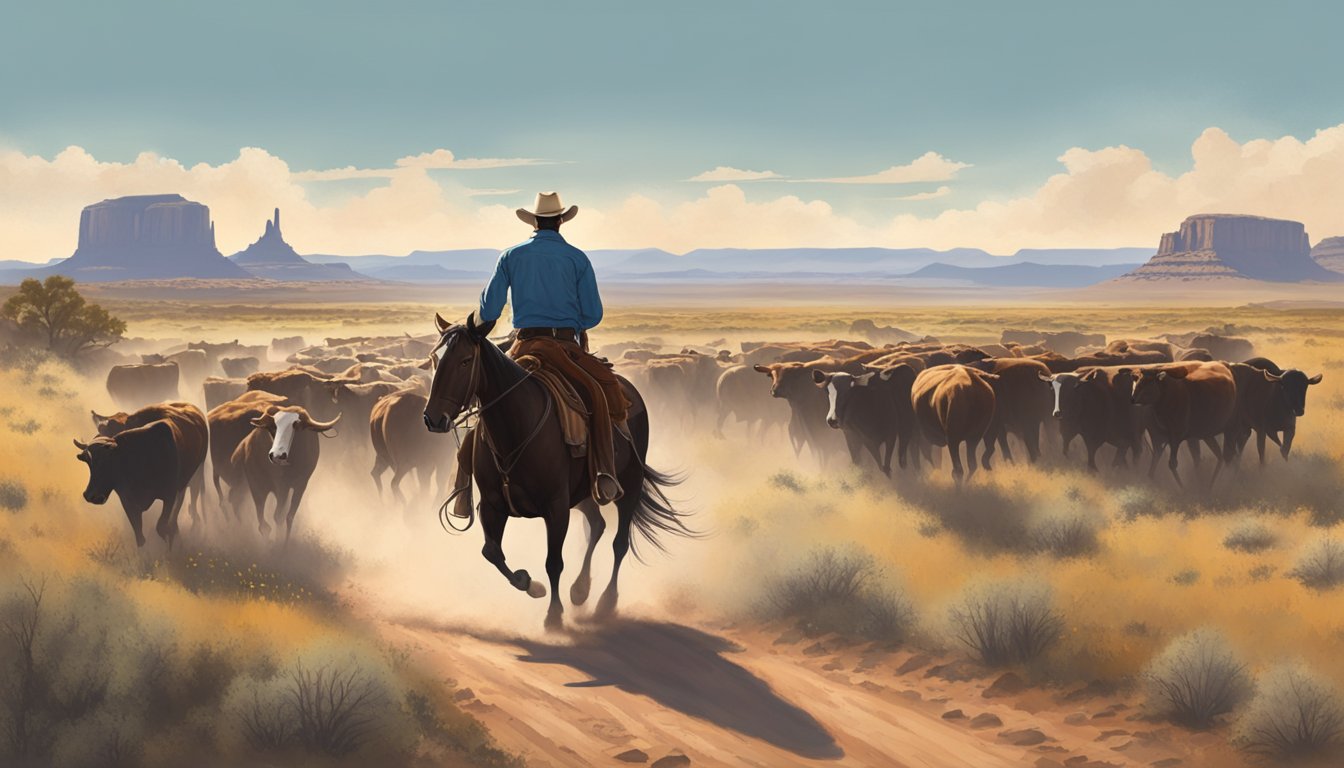 A lone cowboy rides his horse through the rugged Texas landscape, with a herd of cattle in the distance and the iconic Texas trail stretching out before him