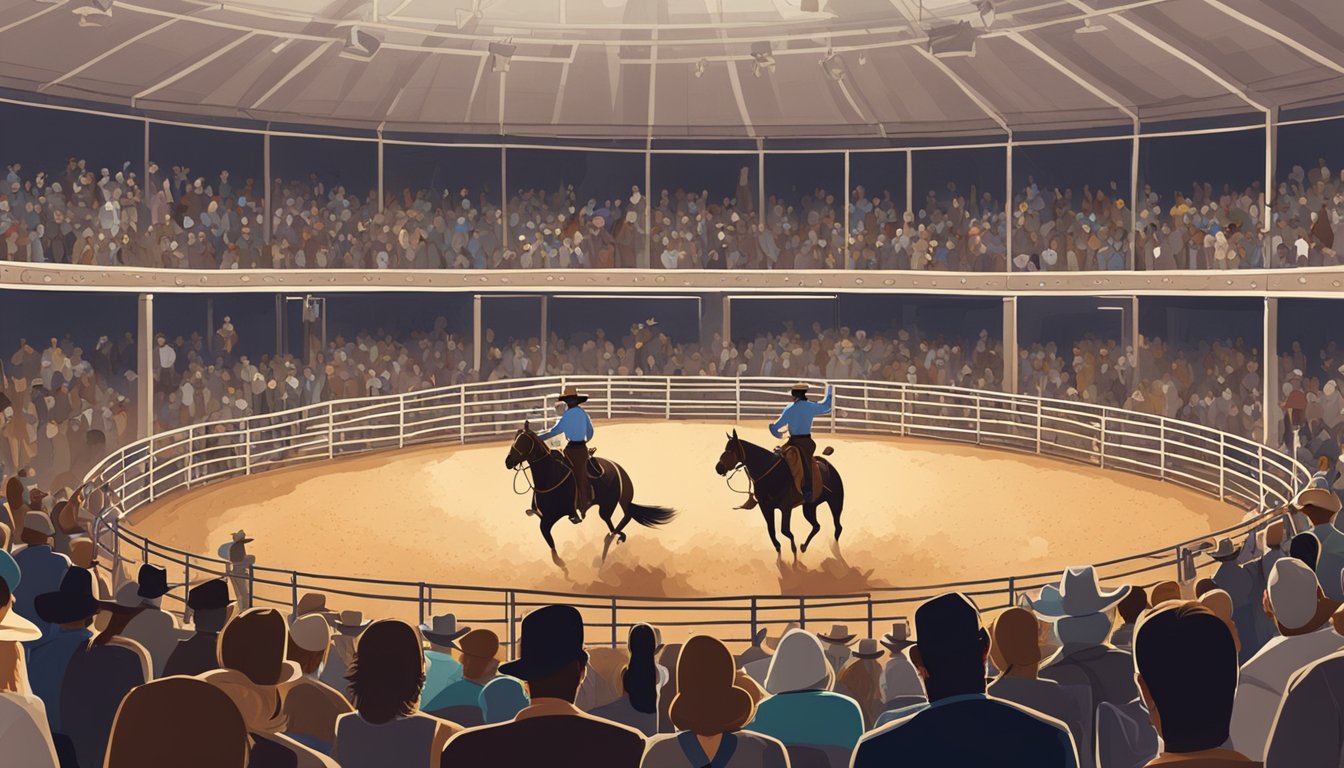 A dusty rodeo arena with cowboys on horseback, surrounded by spectators. Women compete alongside men, showcasing the rise of women in Texas rodeo