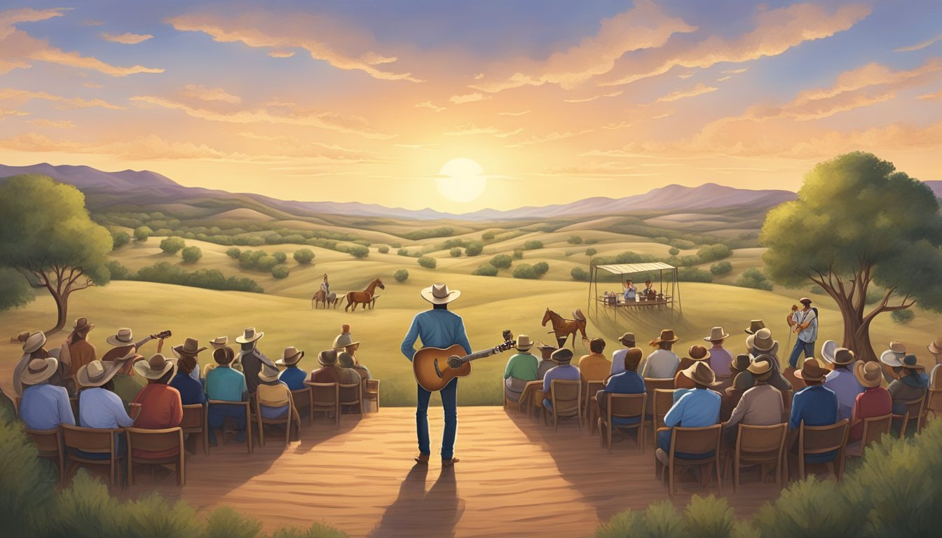 A lone cowboy stands before a stage, surrounded by rolling hills and a big Texas sky. The sound of fiddles and guitars fills the air, as people gather to dance and celebrate the birth of Western Swing