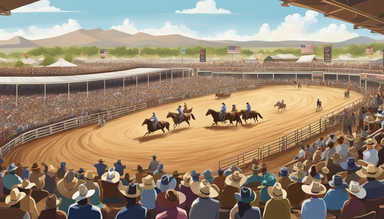 A bustling Texas rodeo arena, with cowboys and cowgirls competing in various events, surrounded by cheering crowds and the iconic western landscape