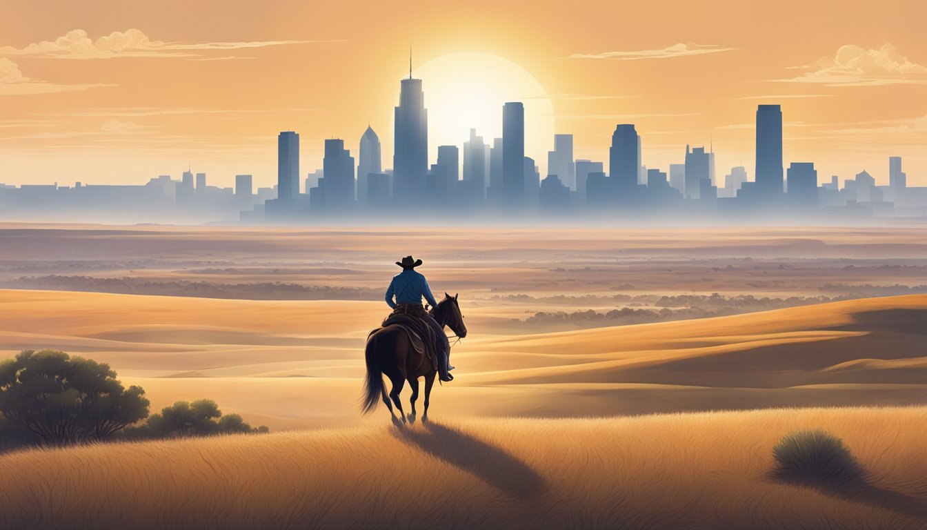 A lone cowboy rides across a vast, open plain, with a modern city skyline rising in the distance. The iconic Texas Ranger badge gleams in the sunlight