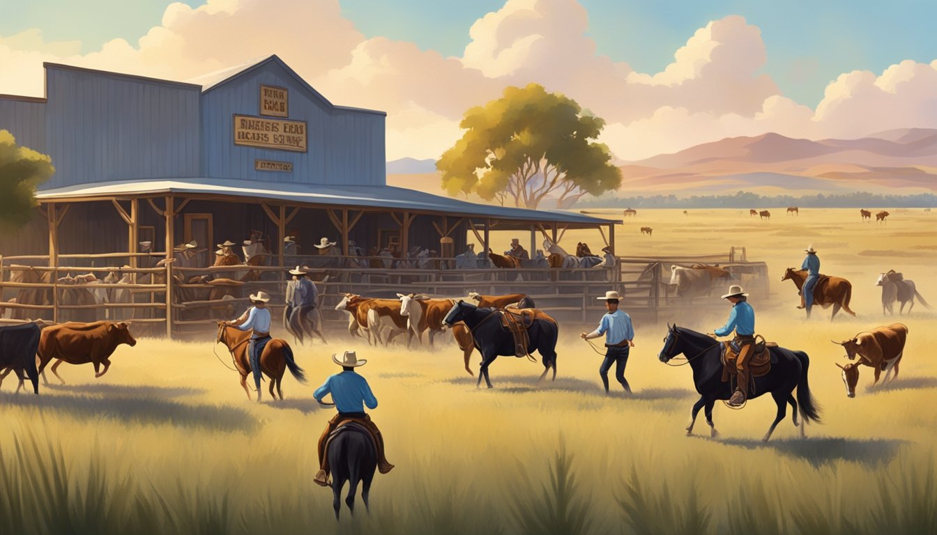 A group of cowboys herding cattle on a vast Texas ranch, while in the distance, a lively western swing band plays music at a local dance hall