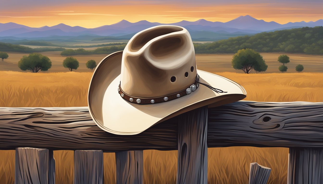 A lone cowboy hat resting on a weathered wooden fence post, with a vintage guitar leaning against it, set against a backdrop of rolling Texas hills