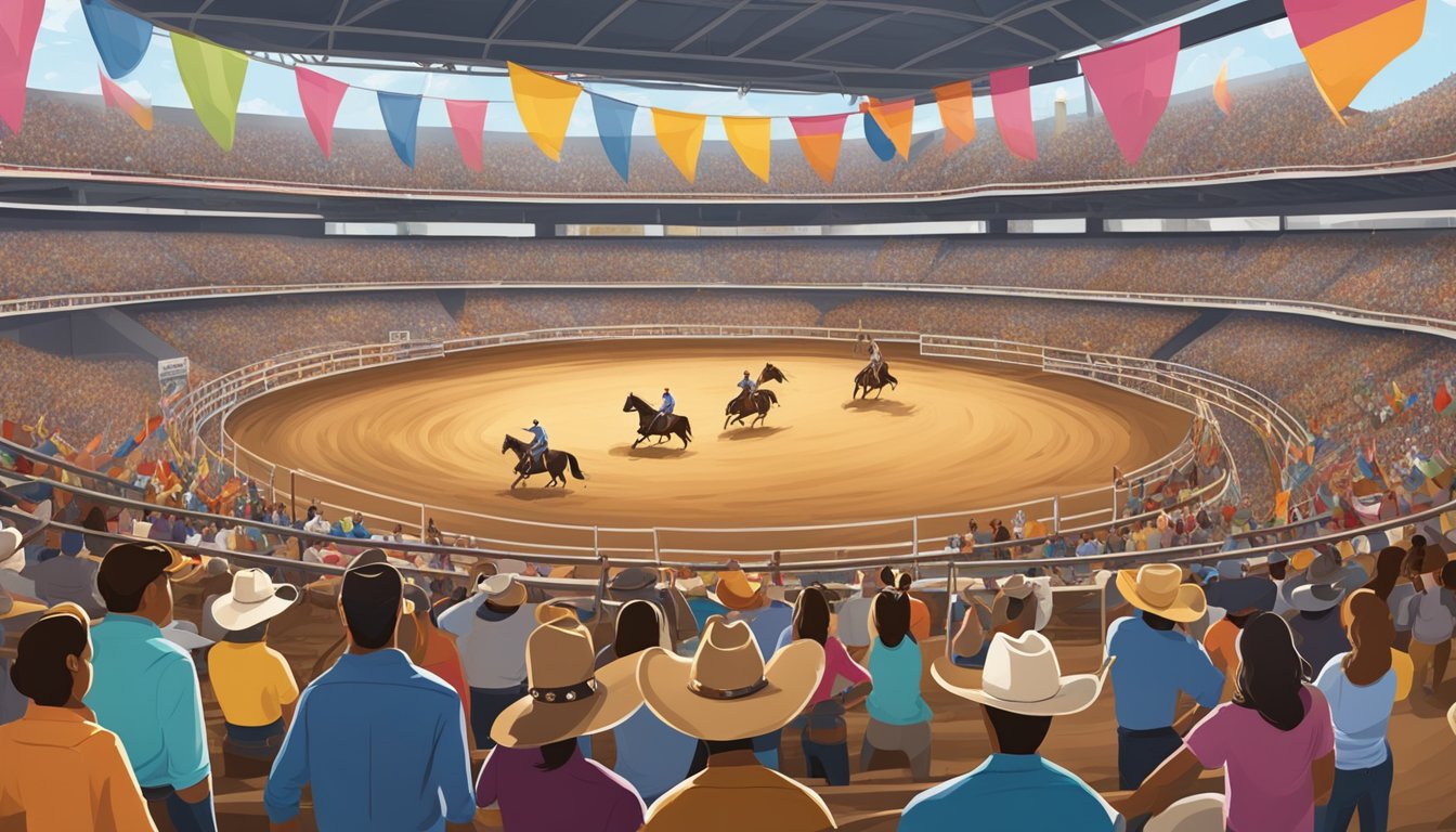 A bustling Texas rodeo arena, filled with cheering crowds and colorful banners, showcasing the rich cowboy culture and the growing presence of women in the sport