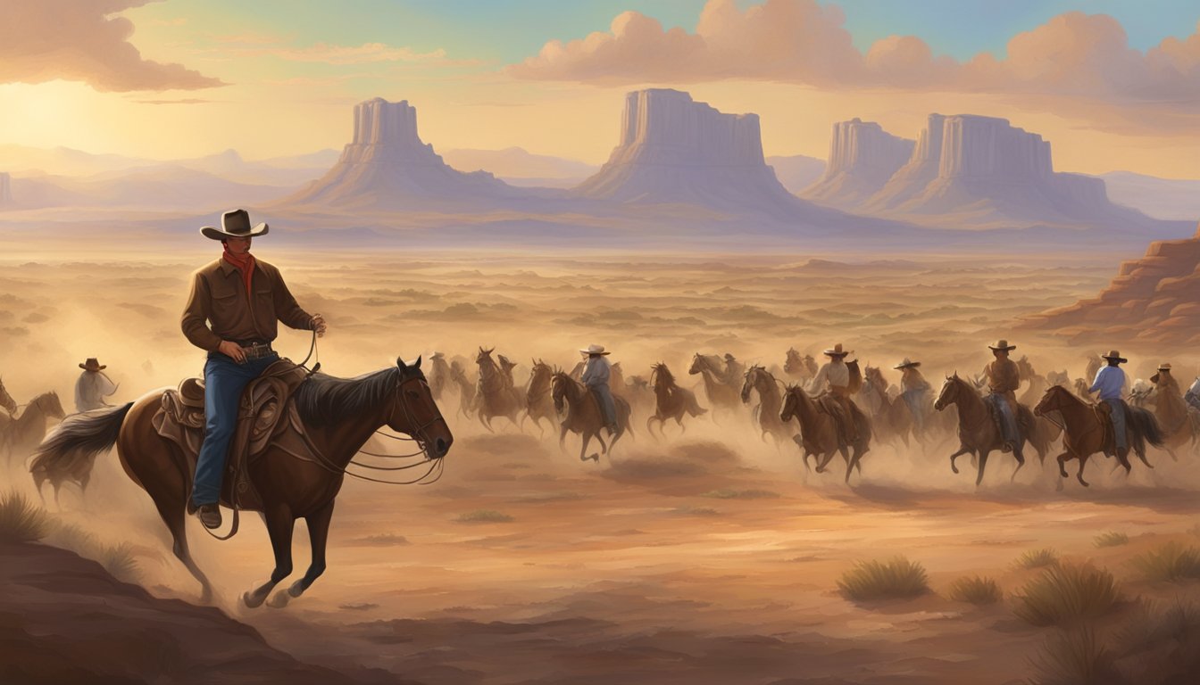 A lone cowboy rides through a dusty Texas landscape, with a backdrop of a lively western swing band playing in the distance