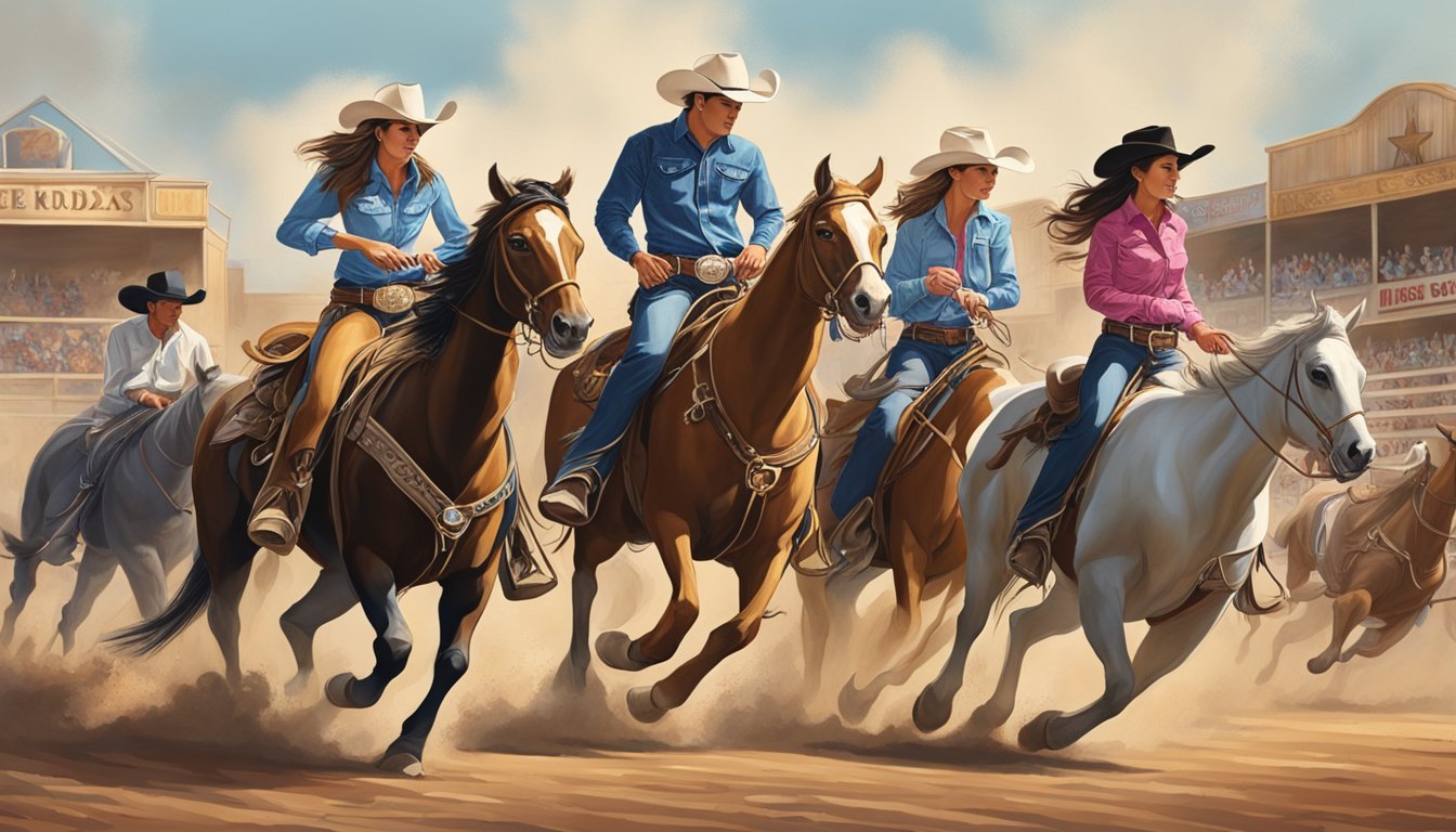 A diverse group of cowboys and cowgirls compete in various rodeo events, showcasing the rich Texas cowboy culture and the increasing presence of women in the rodeo scene