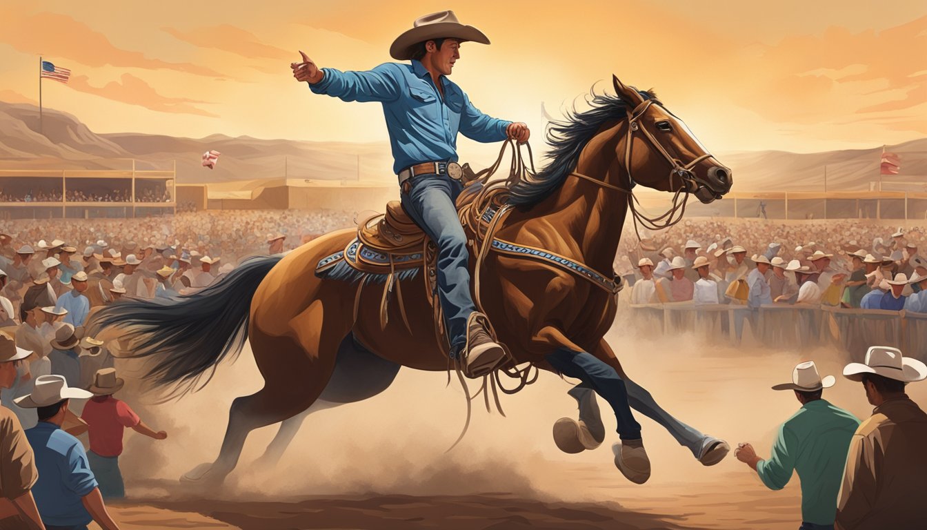 A lone cowboy rides a bucking bronco in a dusty arena, surrounded by cheering spectators and the iconic Texas landscape