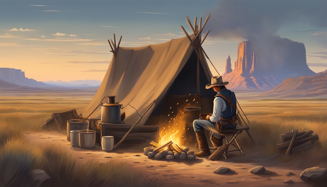 A lone cowboy tends to a crackling campfire, surrounded by the vast Texas landscape. A chuckwagon sits nearby, ready to serve up a hearty cowboy meal