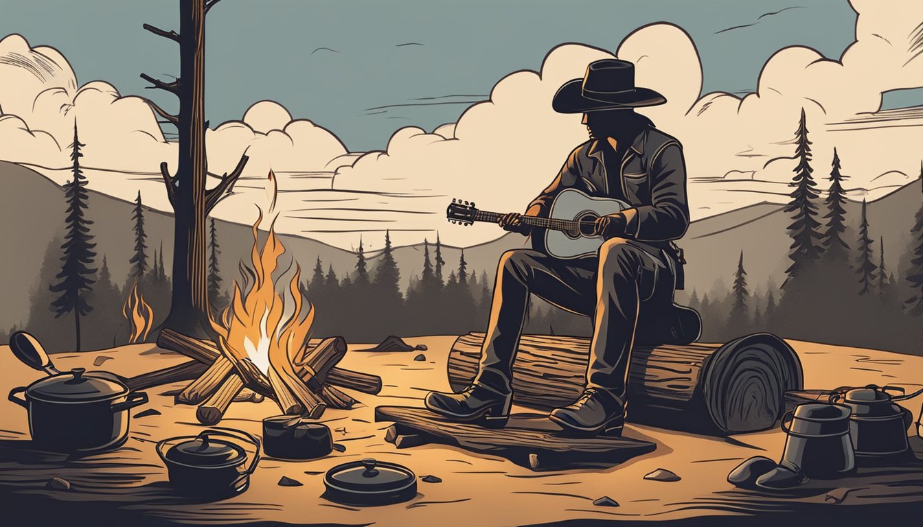 A campfire surrounded by cast iron cookware, cowboy boots, and a guitar, with a lone cowboy hat resting on a log