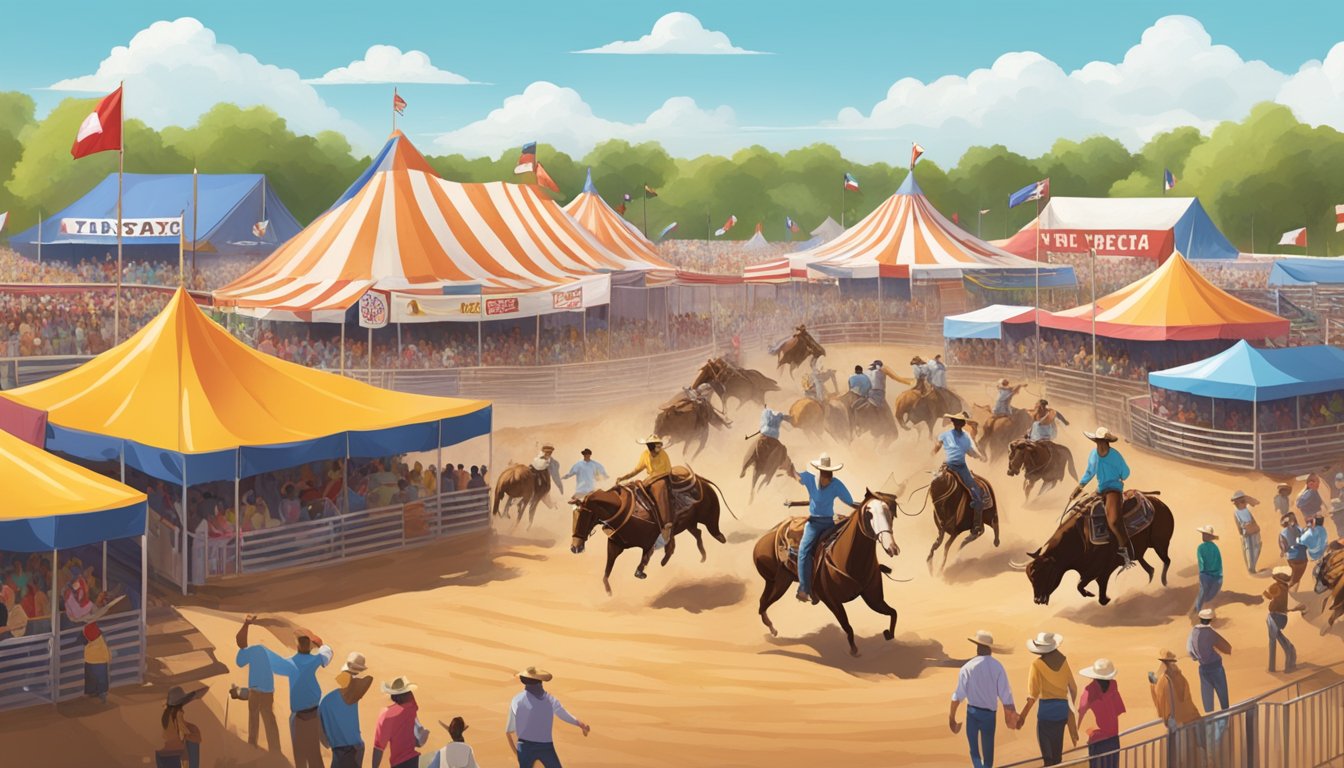 A lively Texas rodeo arena with bull riding, barrel racing, and cheering crowds, surrounded by colorful festival tents and food vendors