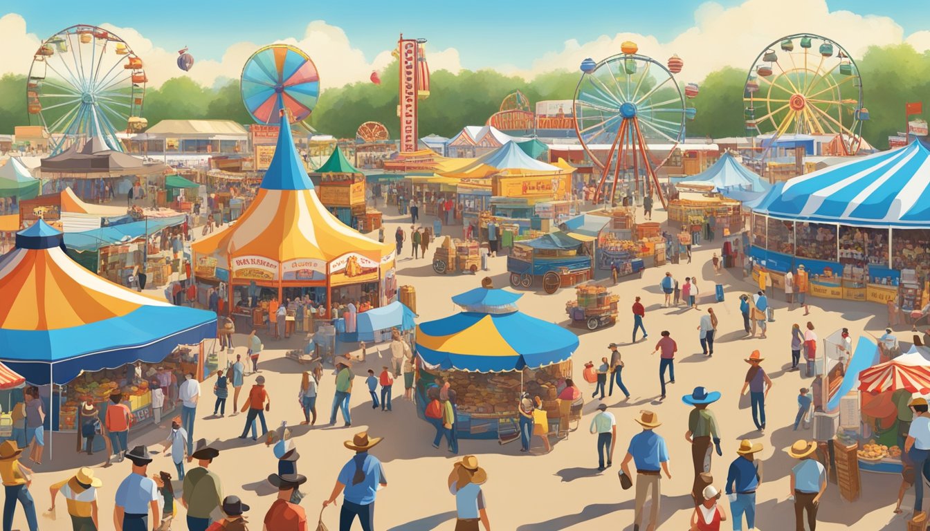 A bustling Texas State Fair with cowboy hats, livestock, carnival rides, and food vendors, all under a bright blue sky