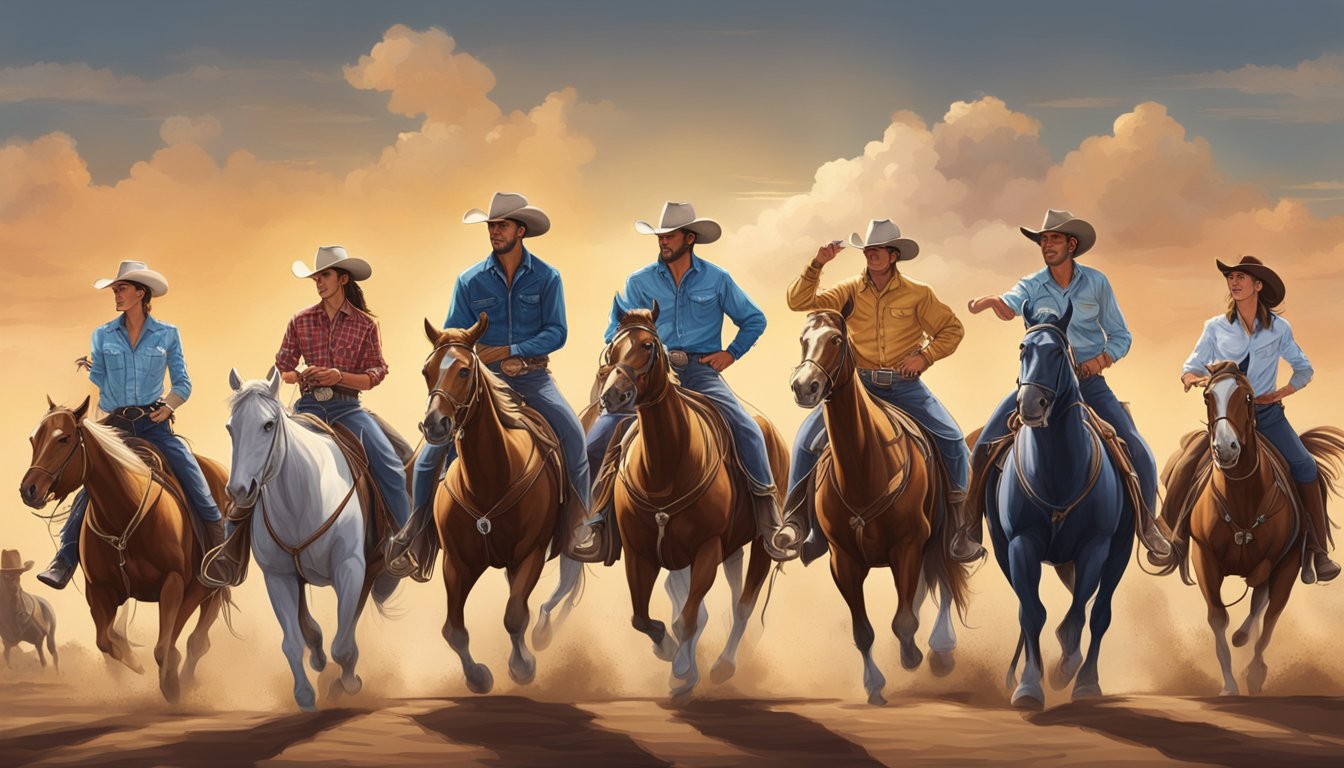 A diverse group of cowboys and cowgirls participate in various rodeo events, showcasing the evolution of Texas cowboy culture in the Saddle