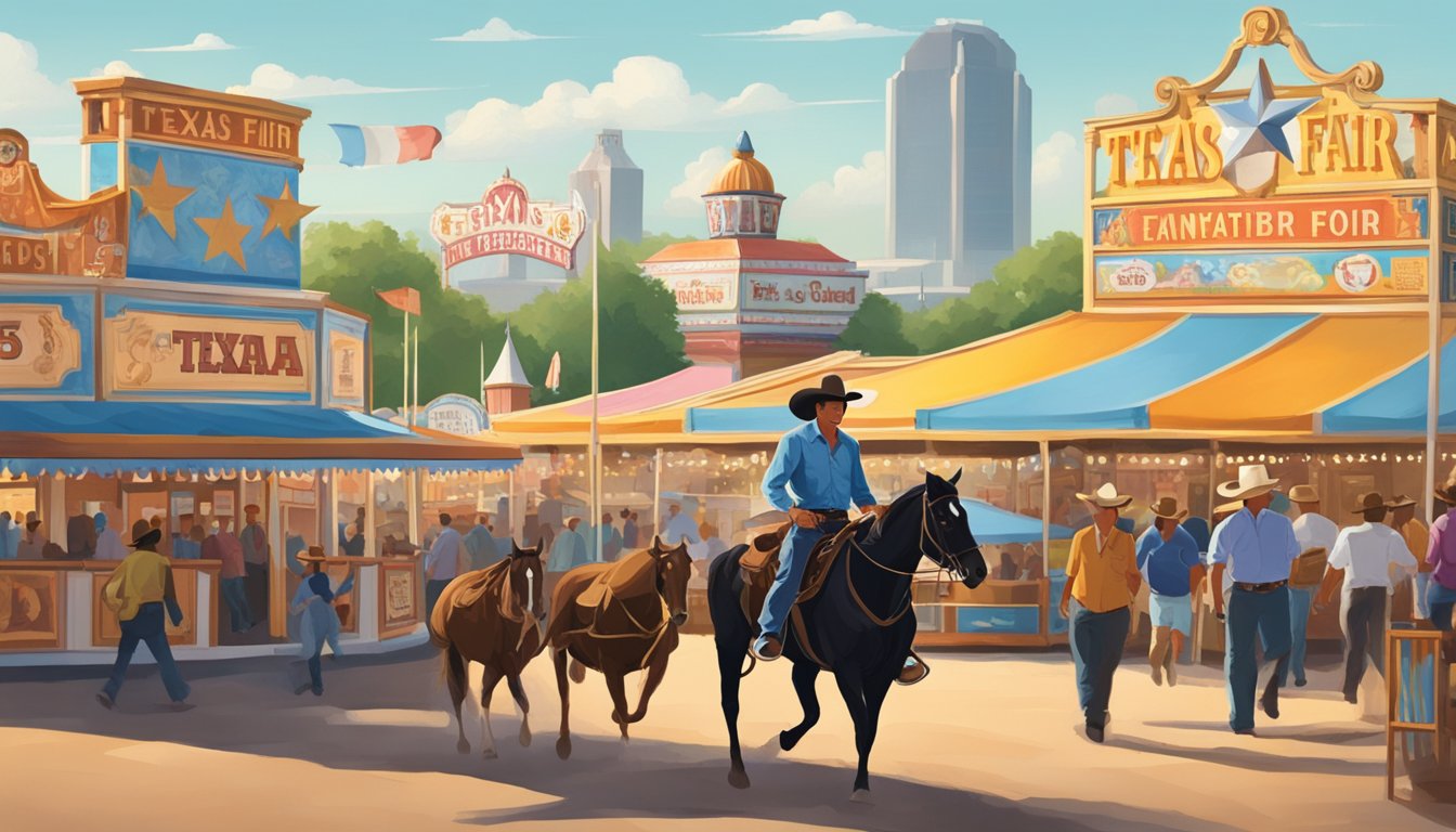 A lone cowboy rides through the Texas State Fair, with iconic landmarks in the background