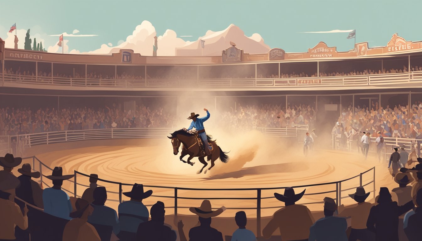 A lone cowboy rides a bucking bronco in a dusty rodeo arena, surrounded by cheering spectators and traditional western architecture