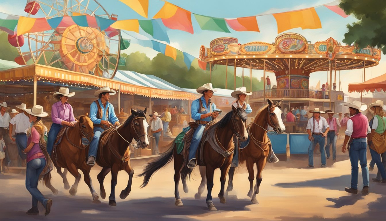 A group of cowboys and cowgirls in traditional western attire enjoying the Texas State Fair, surrounded by carnival rides and food stalls