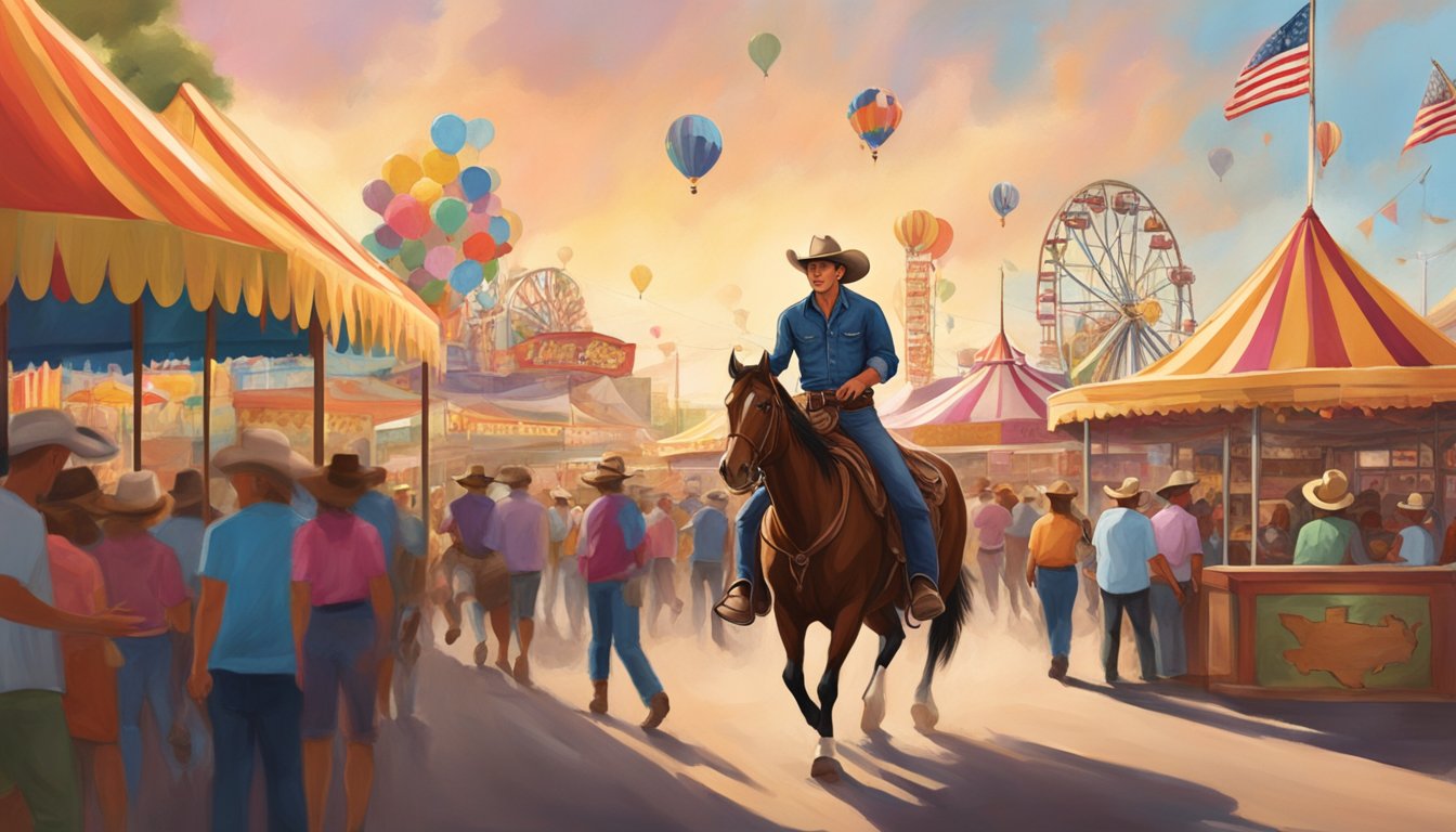 A lone cowboy rides through a bustling Texas State Fair, surrounded by vibrant displays of cowboy culture and resilience