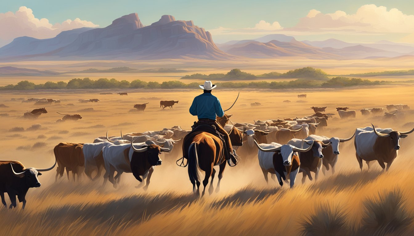 A lone cowboy rides across a vast, open prairie, with a herd of powerful longhorn cattle in the background