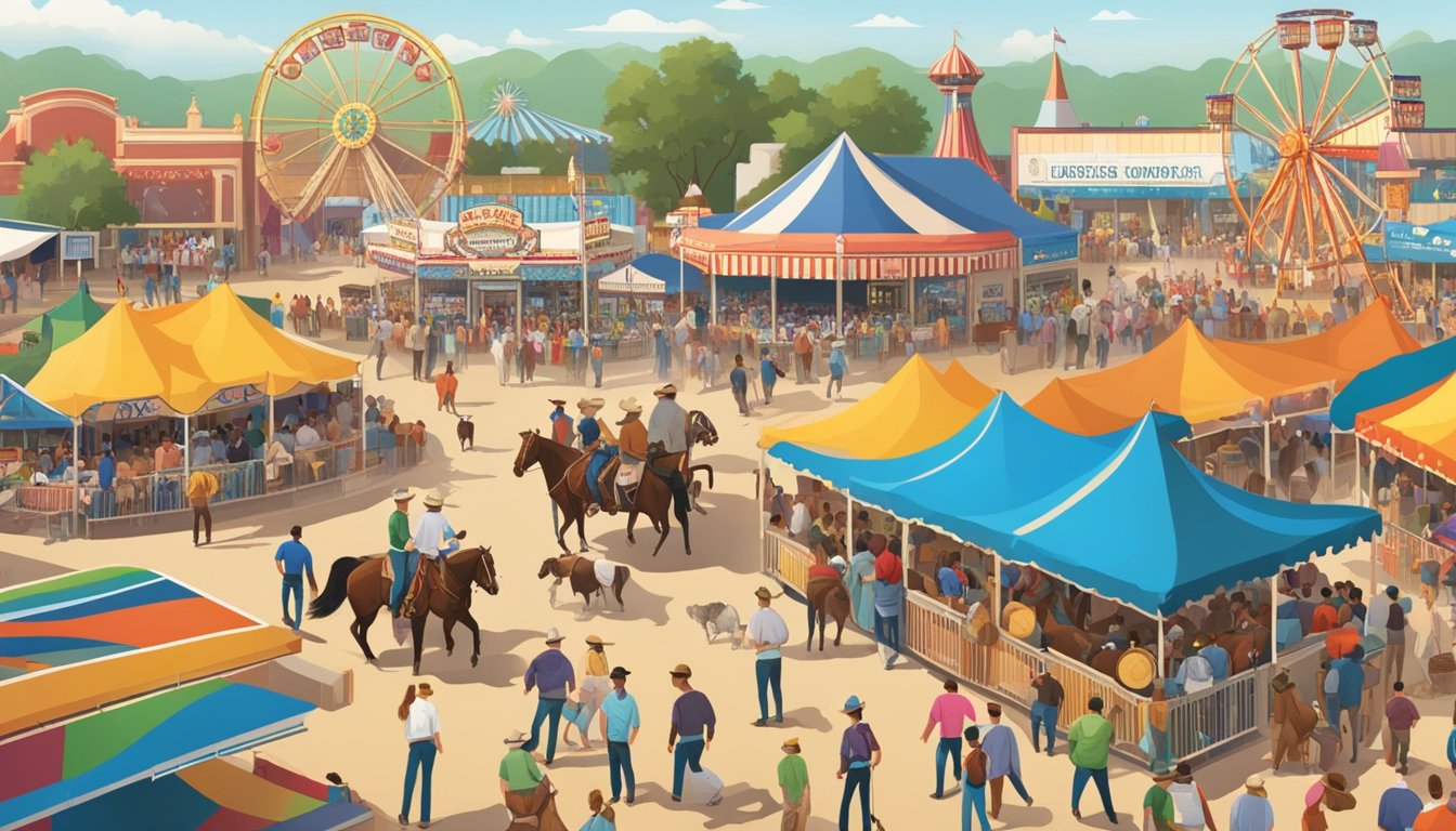 A bustling Texas State Fair with cowboys showcasing their culture and livestock, while crowds enjoy food, music, and carnival rides