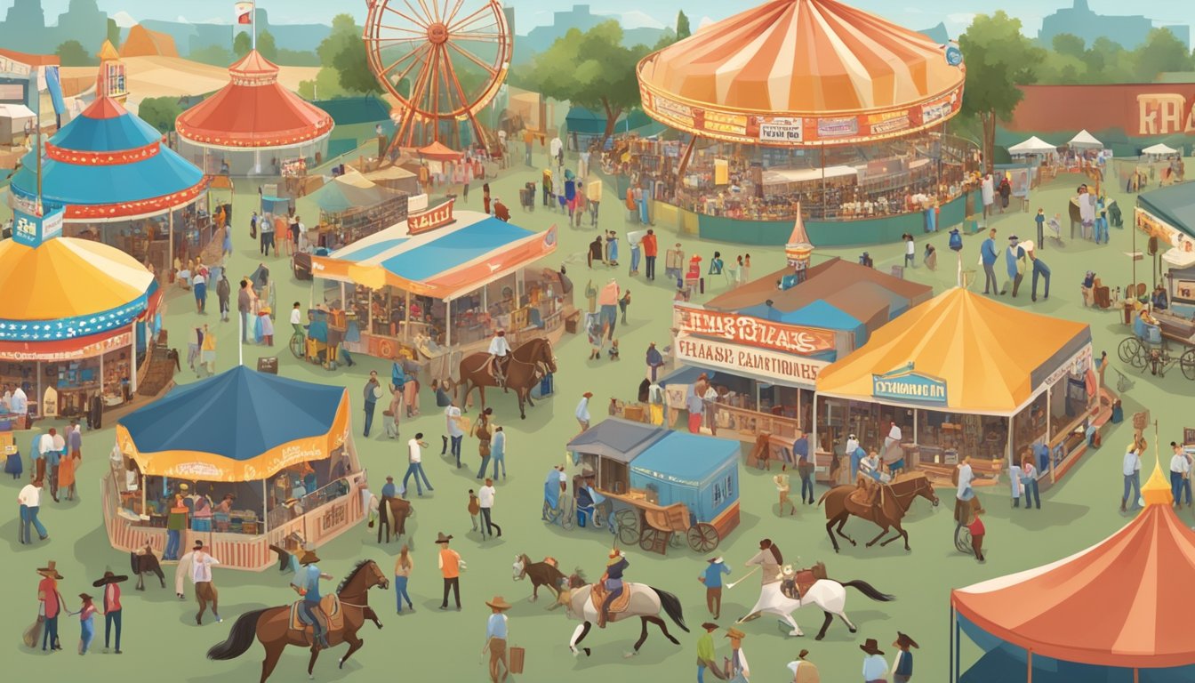 A bustling Texas State Fair with cowboy-themed attractions, rodeo events, and lively music performances