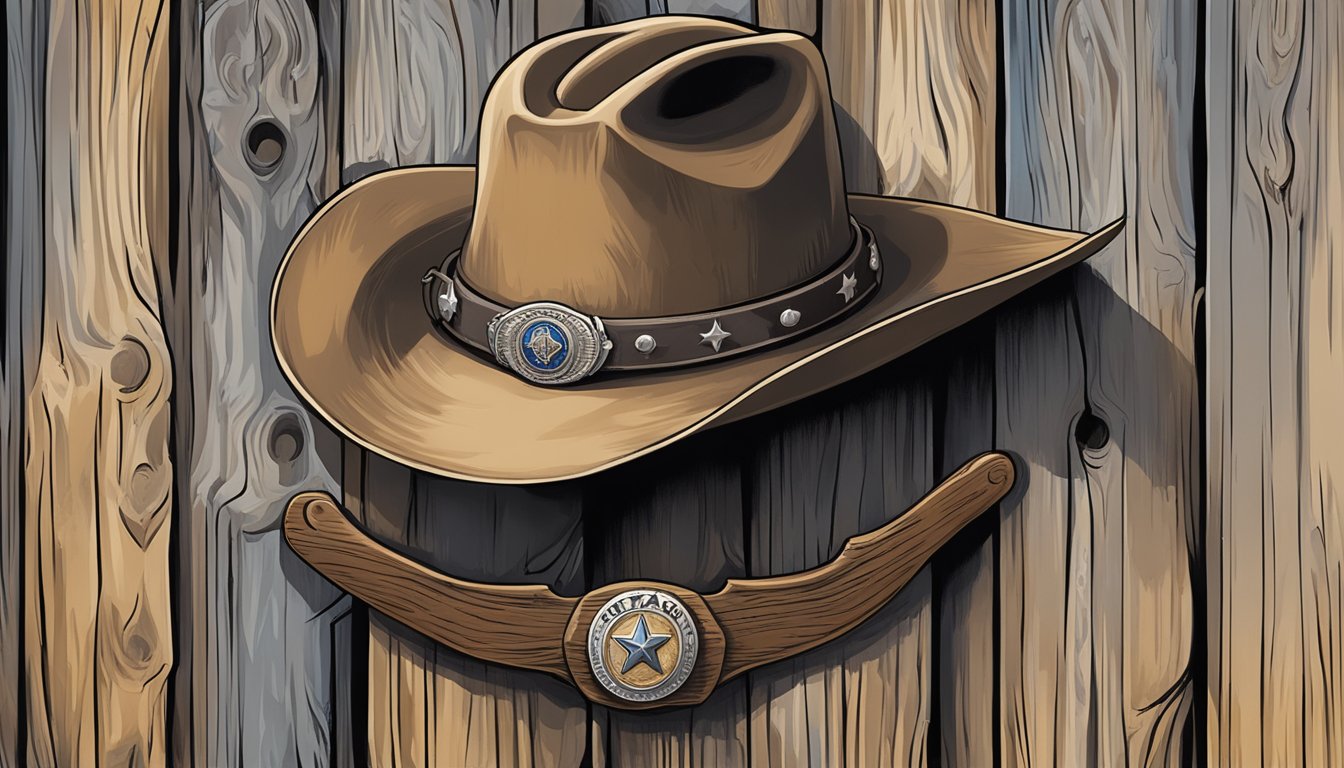 A lone cowboy hat resting on a weathered fence post, with a pair of crossed revolvers and a texas ranger badge nearby