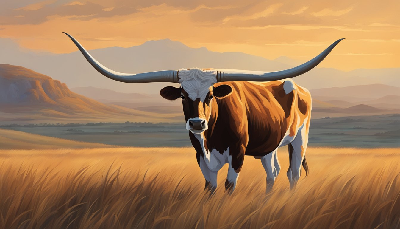 A lone Texas longhorn stands proudly against a backdrop of rolling plains, symbolizing the enduring legacy of the state's cowboy culture