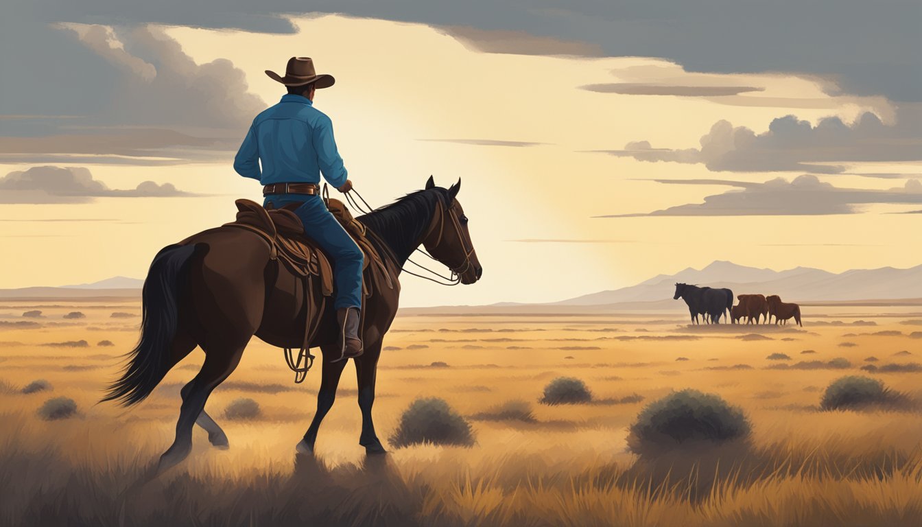 A lone cowboy rides across the vast, open plains of Texas, surrounded by grazing cattle and the iconic cowboy hat and boots