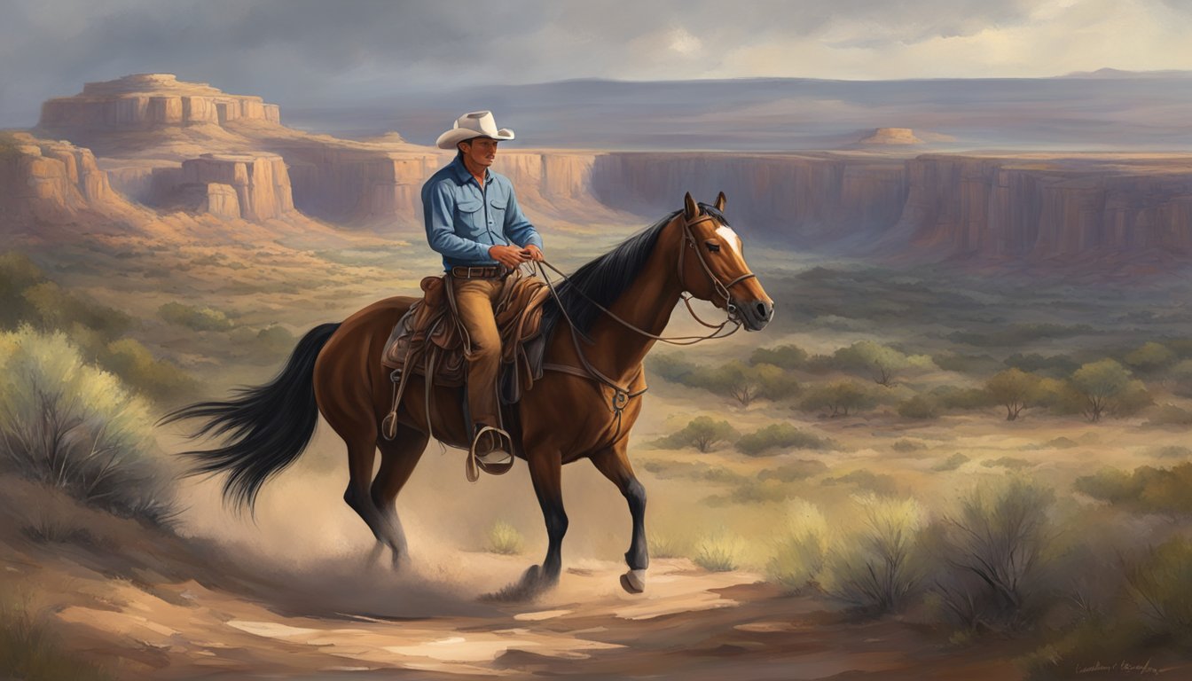 A lone cowboy, hat tipped low, expertly guides his horse through a rugged Texas landscape, embodying the skill and respect of the Texas horseman