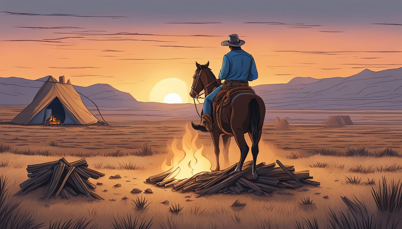 A lone cowboy tending to a campfire, surrounded by vast open plains, while preparing Texas-style beef jerky