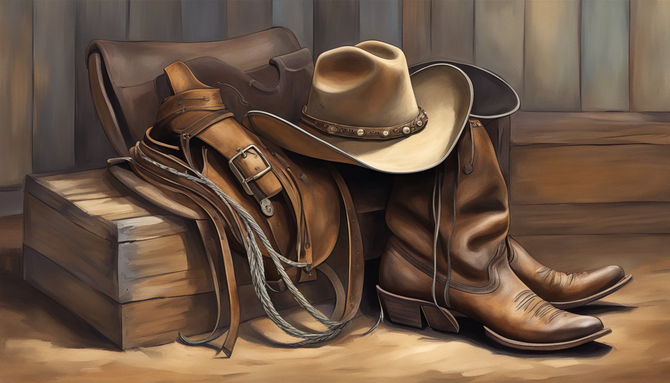 A lone cowboy hat rests on a weathered saddle, surrounded by a lasso, spurs, and a pair of worn leather boots