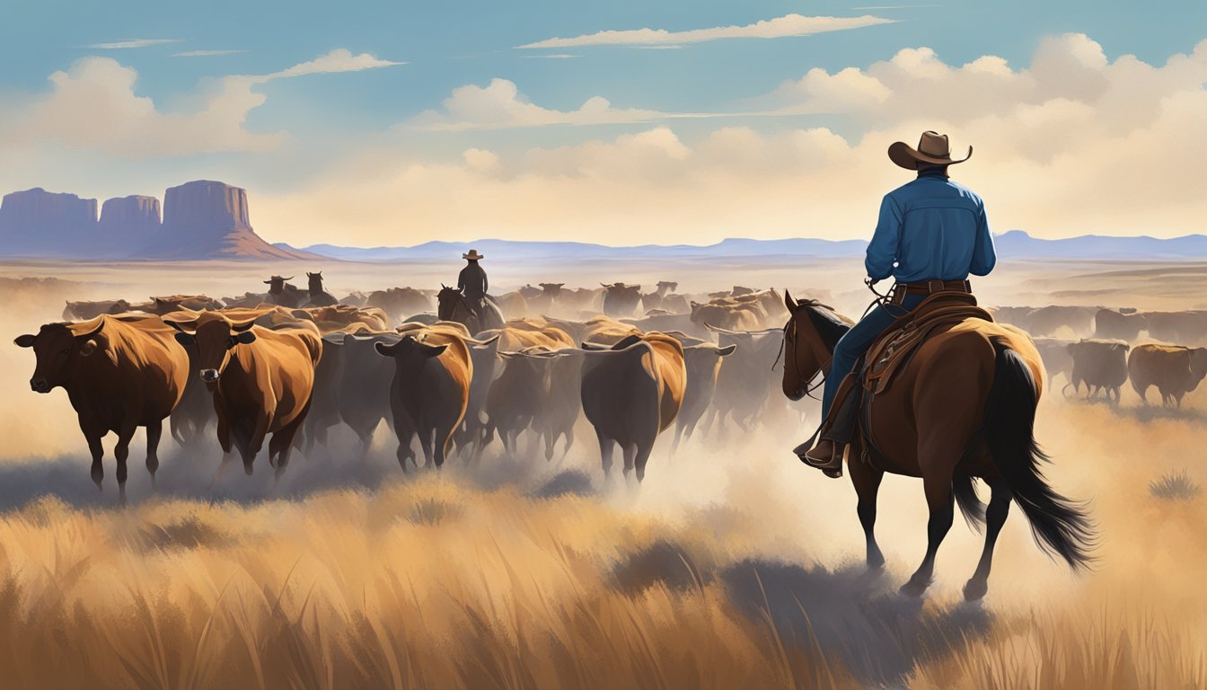 A lone cowboy on horseback herding cattle through the vast plains of Texas, with iconic cowboy hats and boots