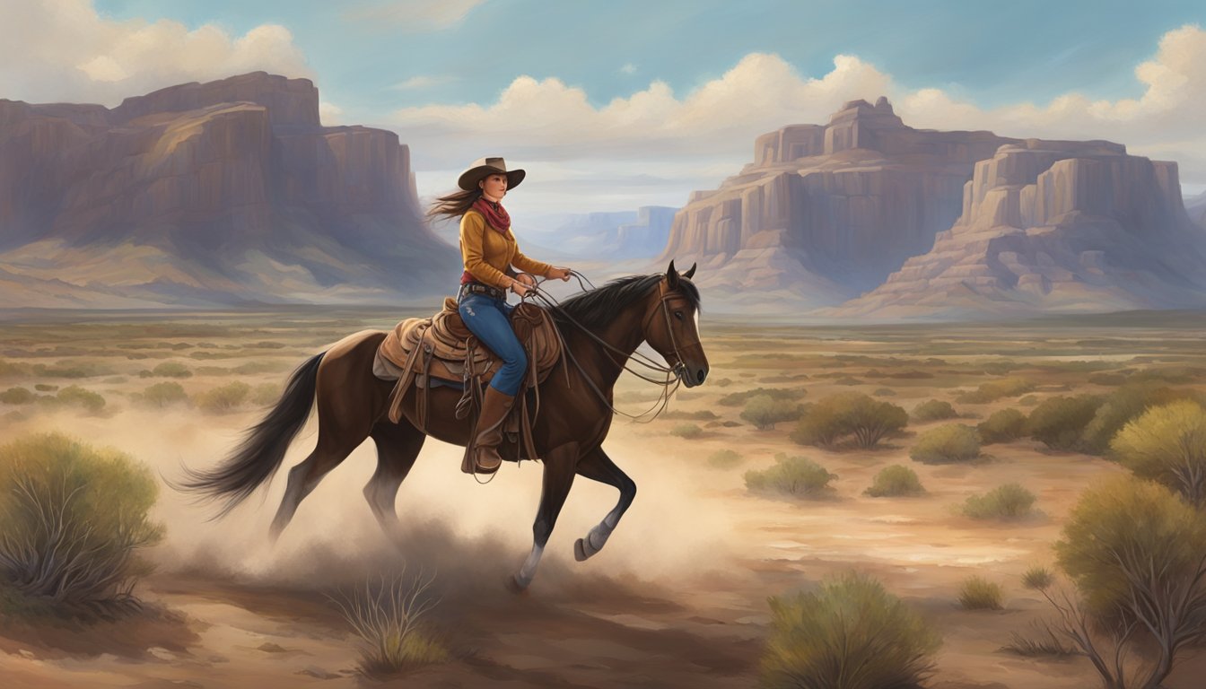 A lone cowgirl riding a powerful horse through the rugged Texas landscape, her confident and determined expression reflecting the strength and resilience of women in cowboy culture