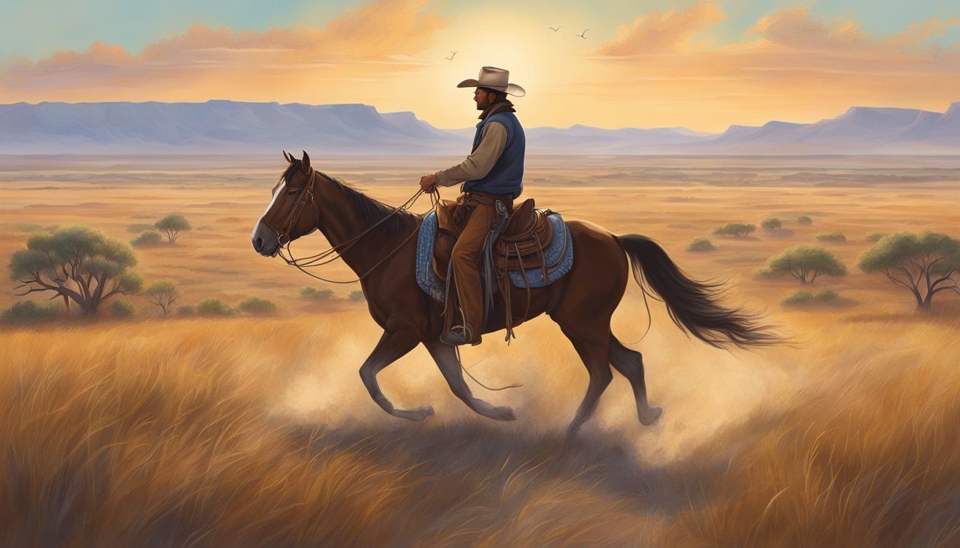 A lone cowboy riding across the vast Texas plains, with his faithful horse by his side, embodying the values and virtues of the cowboy way of life