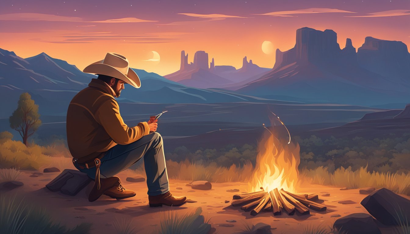 A lone cowboy sits by a campfire, surrounded by the vast Texan landscape. He crafts beef jerky while iconic cowboy symbols adorn his surroundings