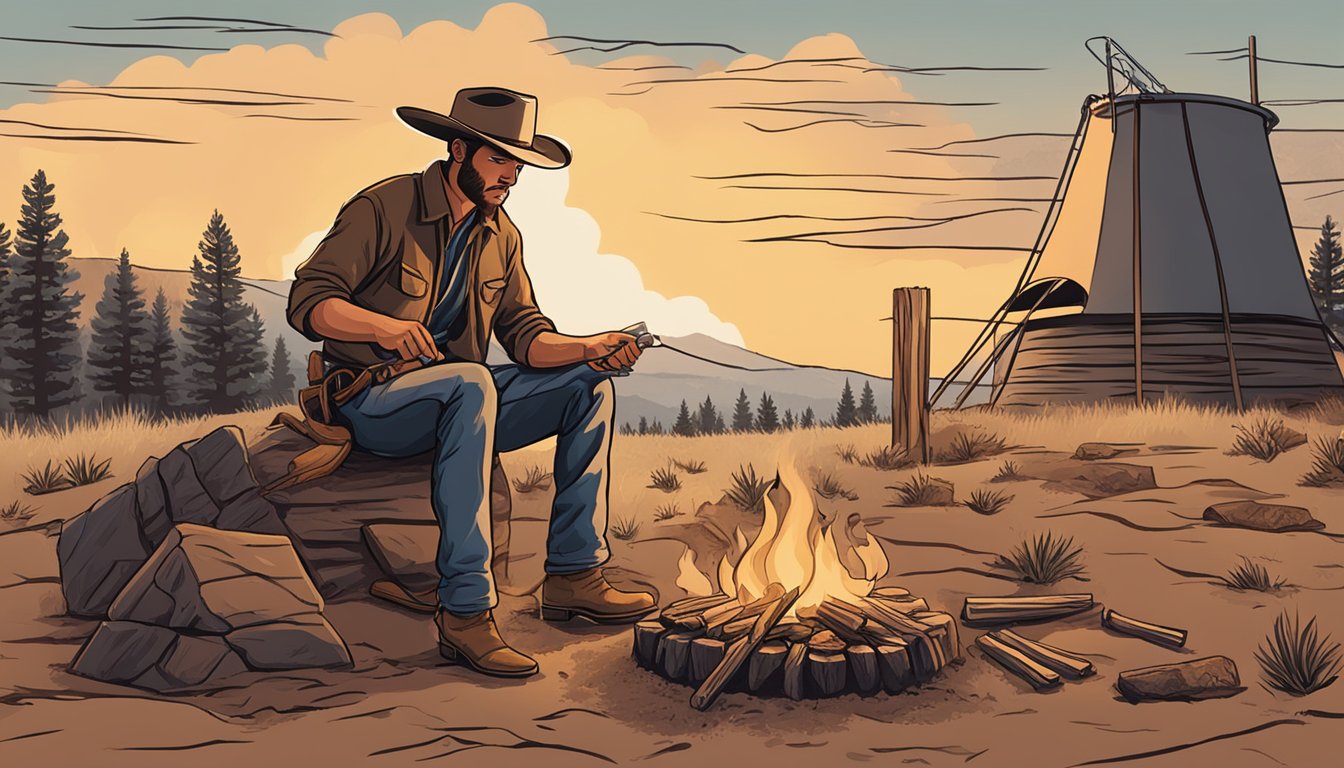 A lone cowboy tends to a smoking campfire, preparing a batch of Texas-style beef jerky on the open range