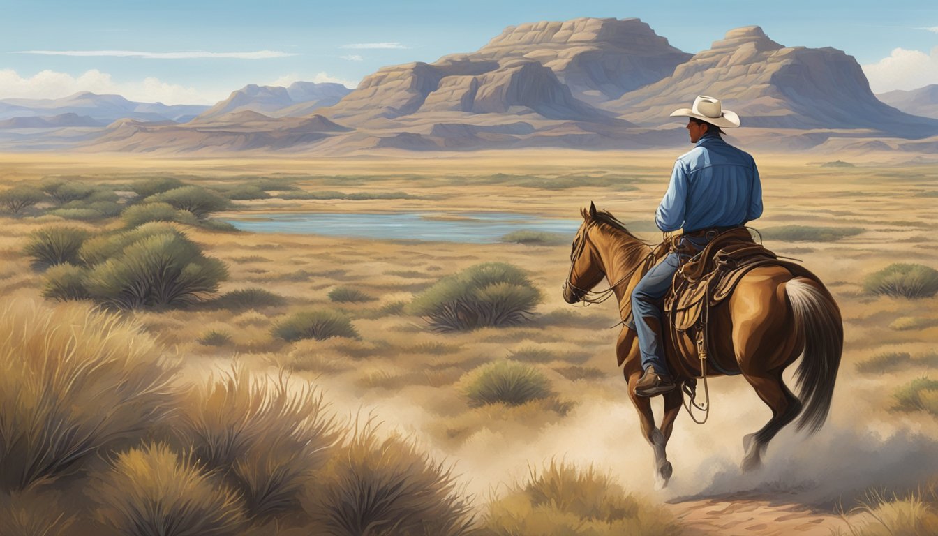 A lone cowboy rides across the vast Texas plains, surrounded by rugged terrain and the iconic tumbleweeds, embodying the enduring spirit of the Texas frontier