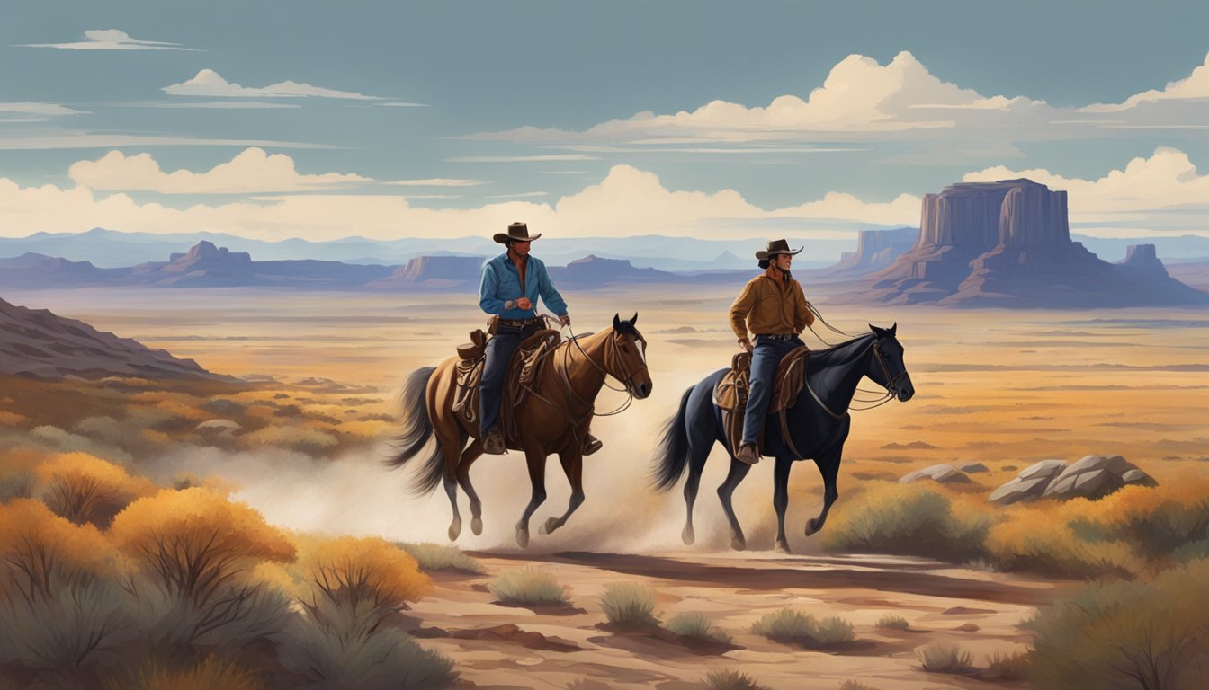 A lone cowboy rides through the vast Texas landscape, surrounded by rugged terrain and the spirit of the frontier