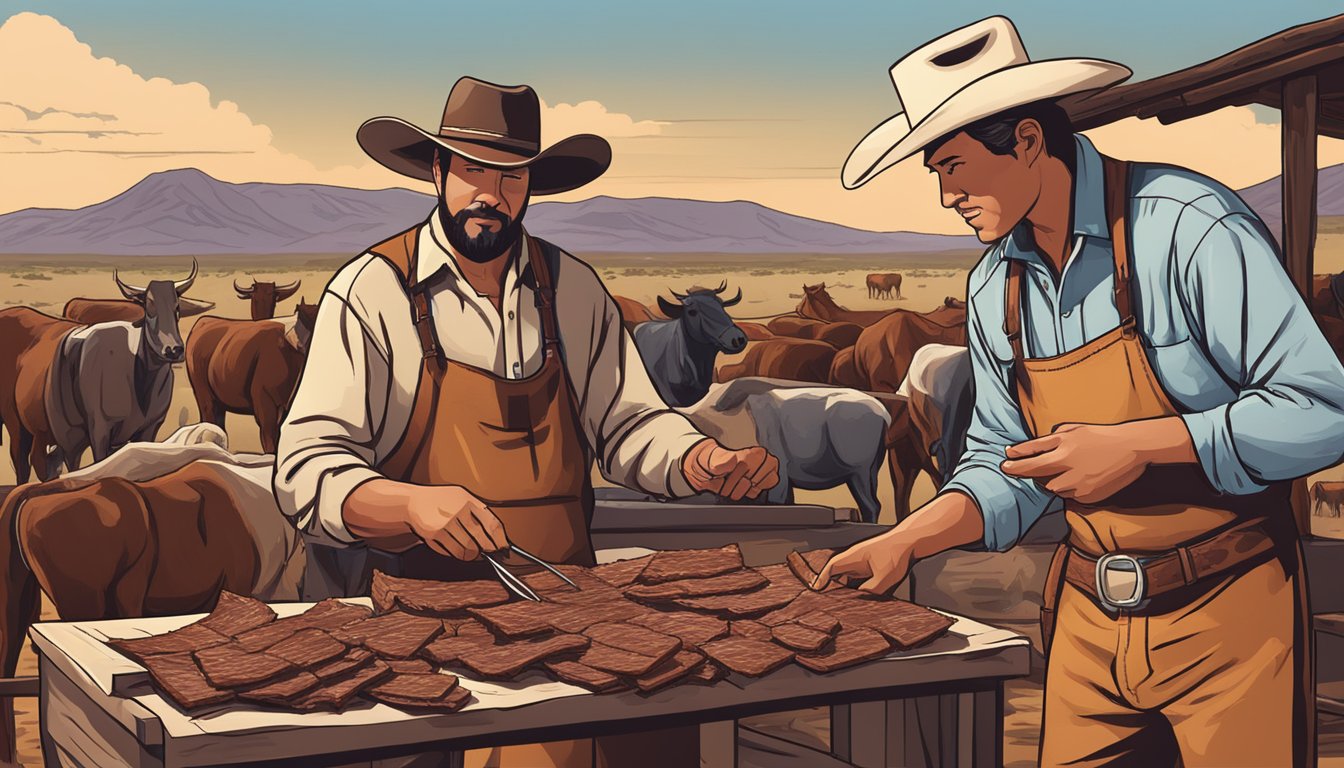 A cowboy trades techniques with Native Americans, exchanging the art of making Texas-style beef jerky on the range